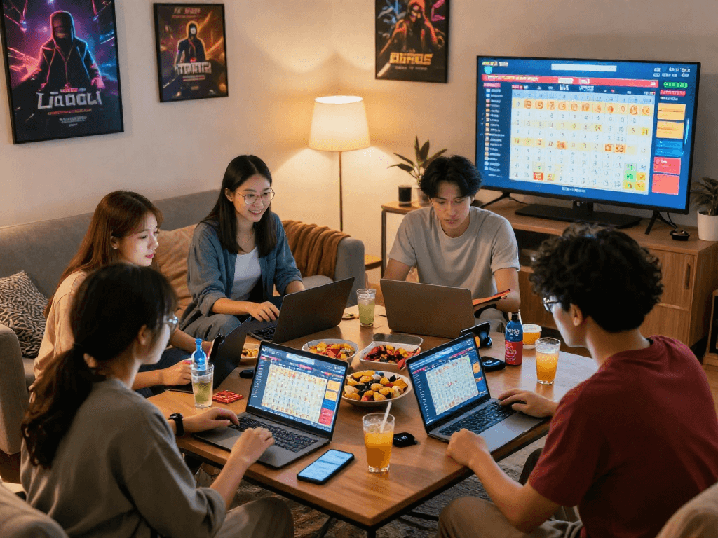 Friends playing bandar togel online in a cozy gaming atmosphere with snacks.