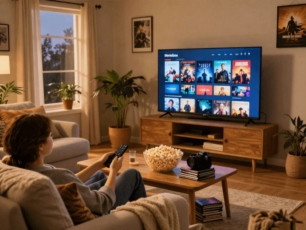 Enjoying a cozy movie night using the Moviebox app in a home setting.