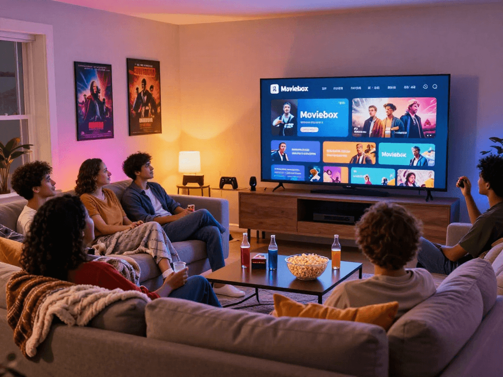 Group enjoying movie night using the Moviebox app in a cozy entertainment room with popcorn and drinks.