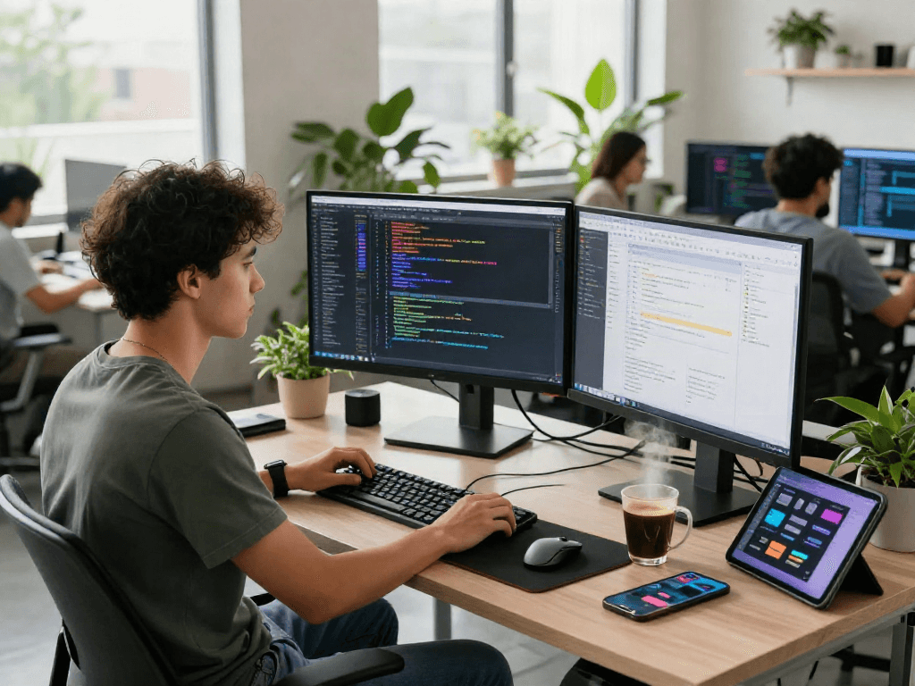Gambar ruang kerja inovatif untuk pengembang perangkat lunak, menunjukkan proses coding dengan fokus pada penggunaan teknologi cepat, 快连.