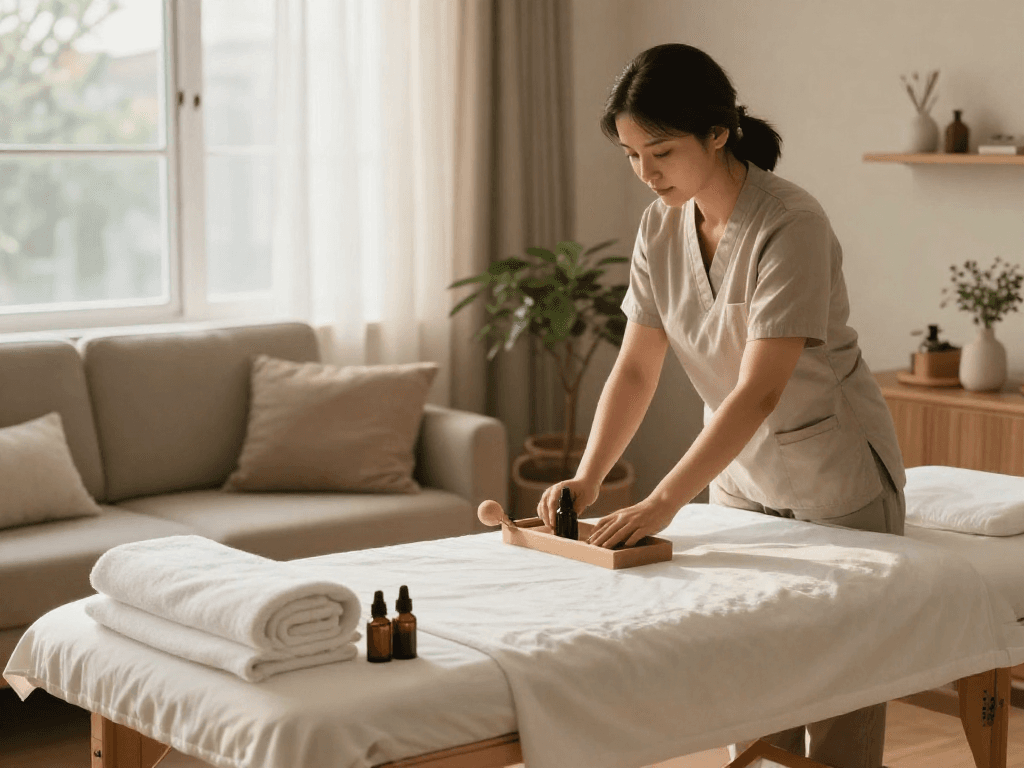 용산출장마사지 setup in a cozy living room with professional massage tools and calming atmosphere.