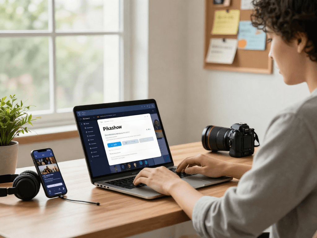 Pikashow APK download being executed on a laptop in a modern workspace, showcasing tech gadgets and streaming content.