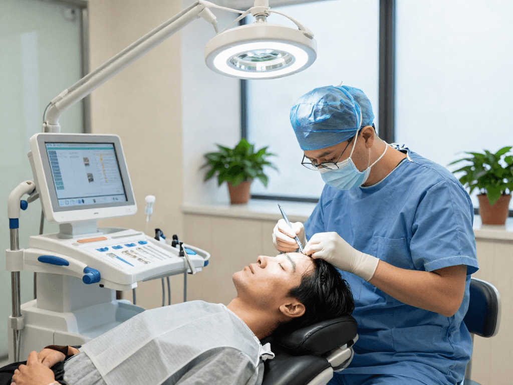 Hair transplant turkey cost: surgeon performing hair restoration procedure in a modern clinic environment