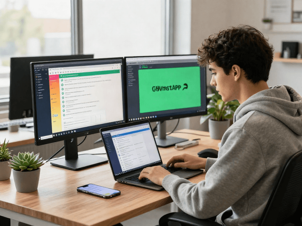 Professional workspace showcasing GB WhatsApp interface on dual monitors, emphasizing communication and collaboration.