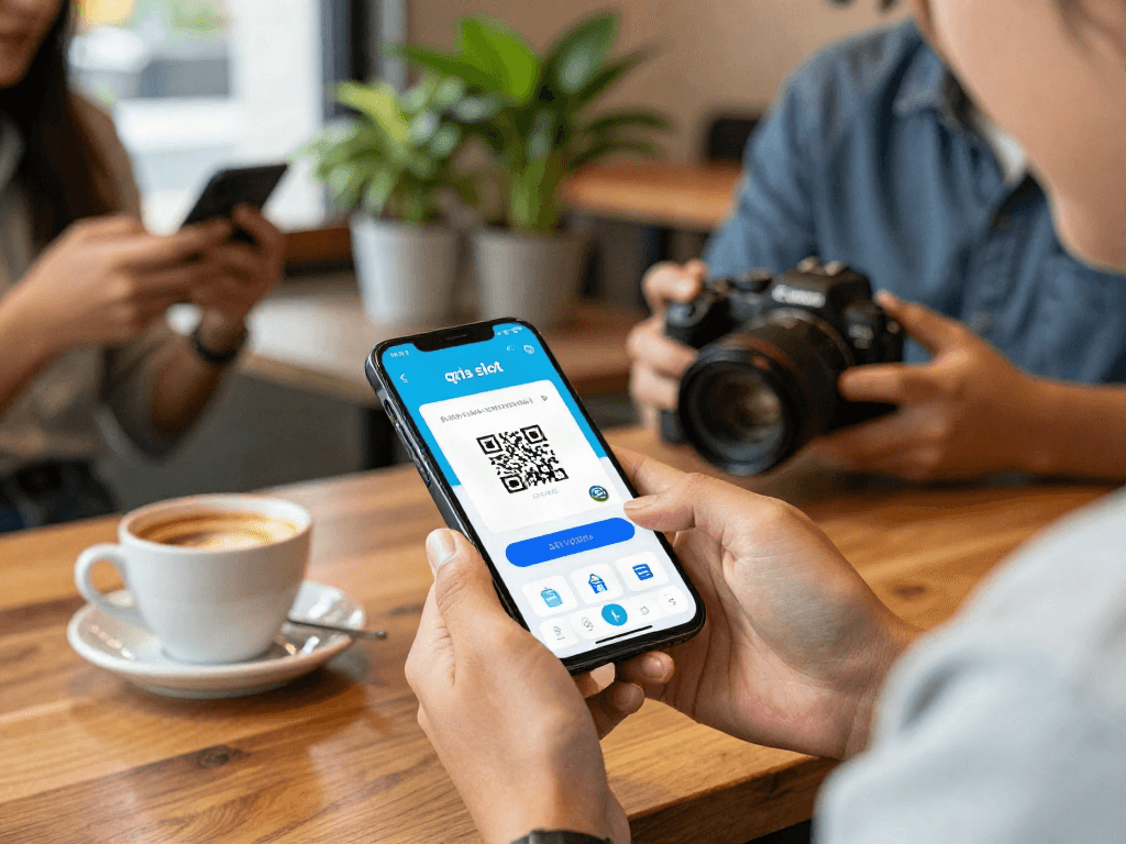 User interacting with a mobile banking app featuring the qris slot payment option in a cozy café setting.