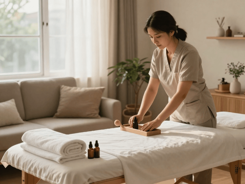 용산출장마사지 setup in a cozy living room with professional massage tools and calming atmosphere.