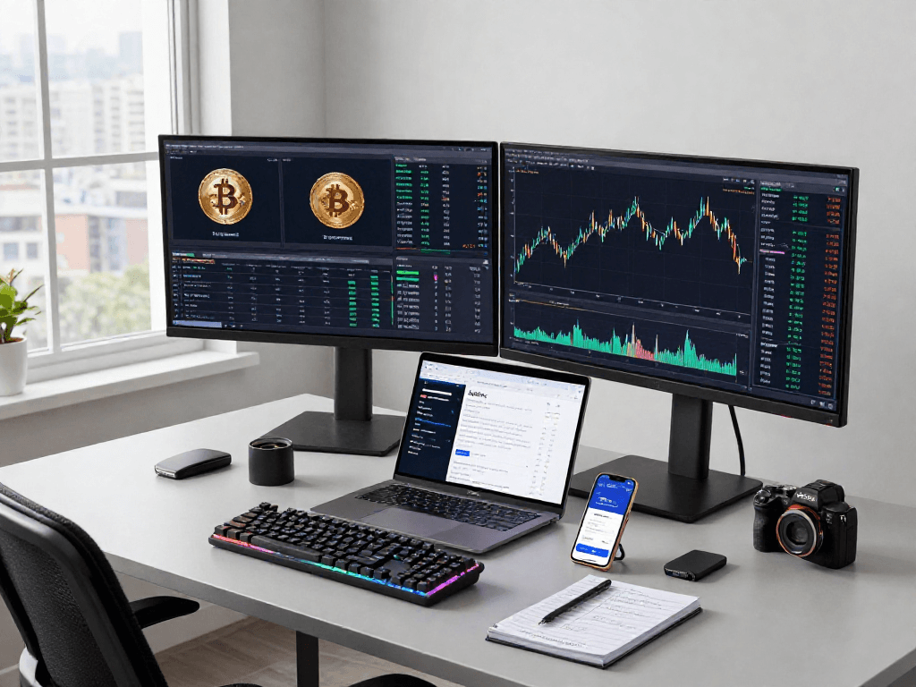 MetaTrader 5 官网 交易平台界面,显示比特币行情和技术指标的多屏交易工作空间