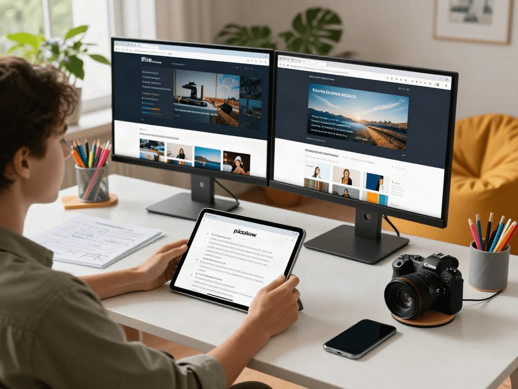 Exploring the pikashow app in a modern home office with vibrant streaming content setup.