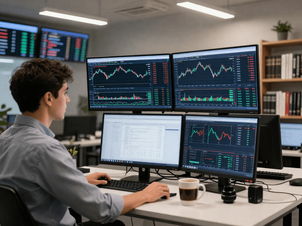 Focused trader using metatrader 5 for market analysis, showcasing a professional trading environment.