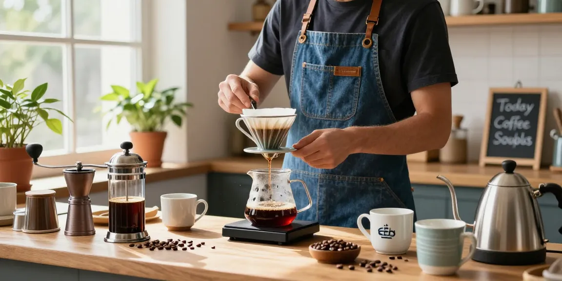 Discover Ebb reusable filters in an inviting kitchen environment featuring denim aprons for sustainable coffee brewing.