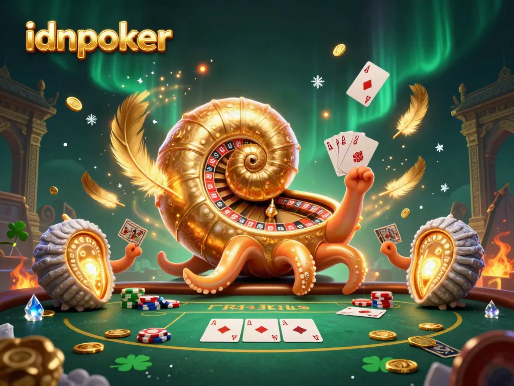 Menggenggam tangan kartu poker di situs idnpoker bersama nautilus raksasa dan koin emas yang bersinar.