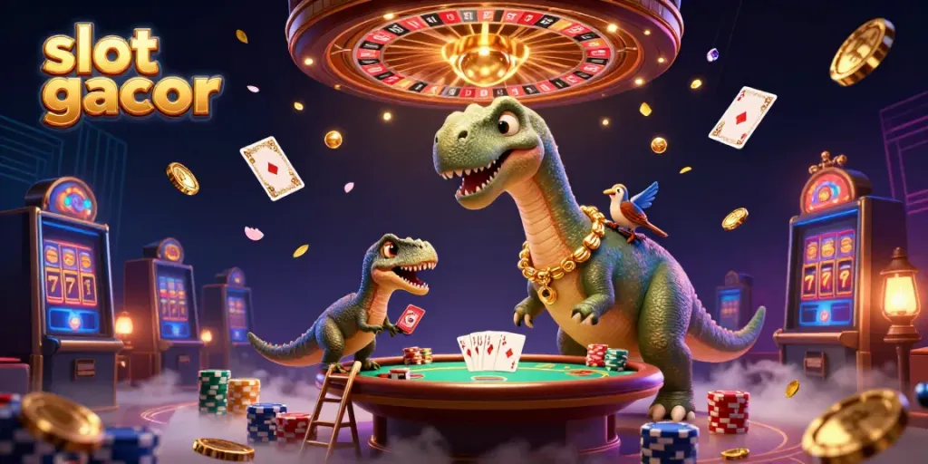 Experience slot gacor excitement with a whimsical dinosaur party in a casino.