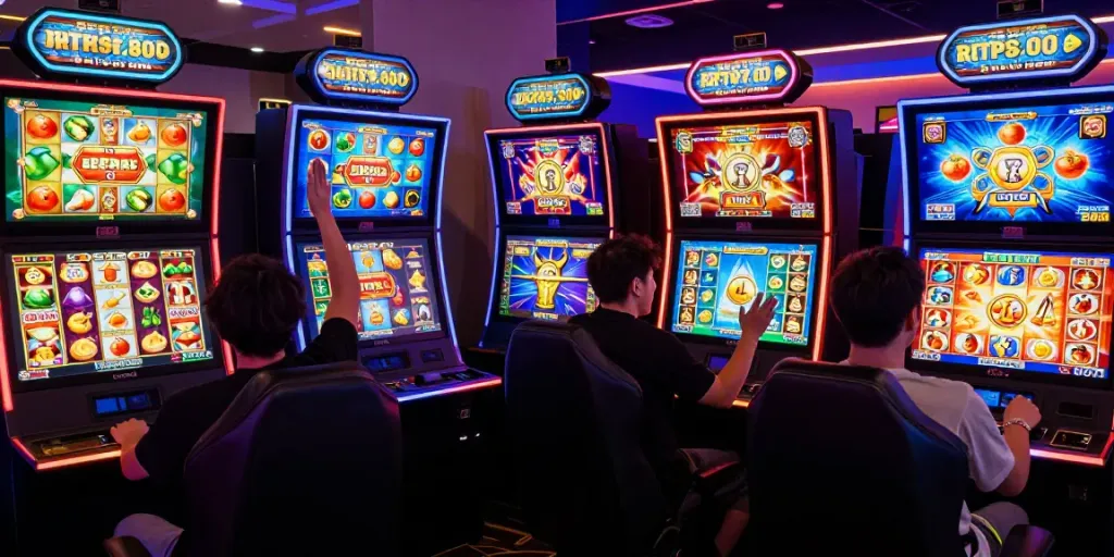 Engaging online gambling scene showcasing link alternatif proplay88 and players celebrating wins surrounded by vivid slot themes