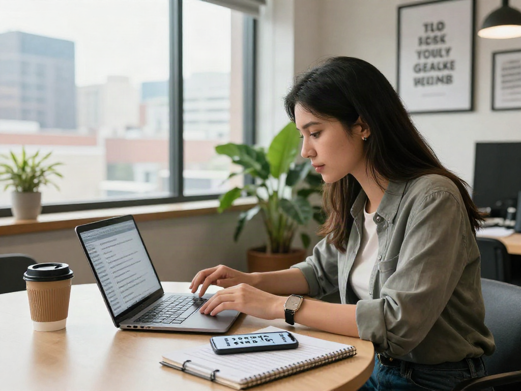 Engaged professional searching for หางาน opportunities in a lively co-working space.