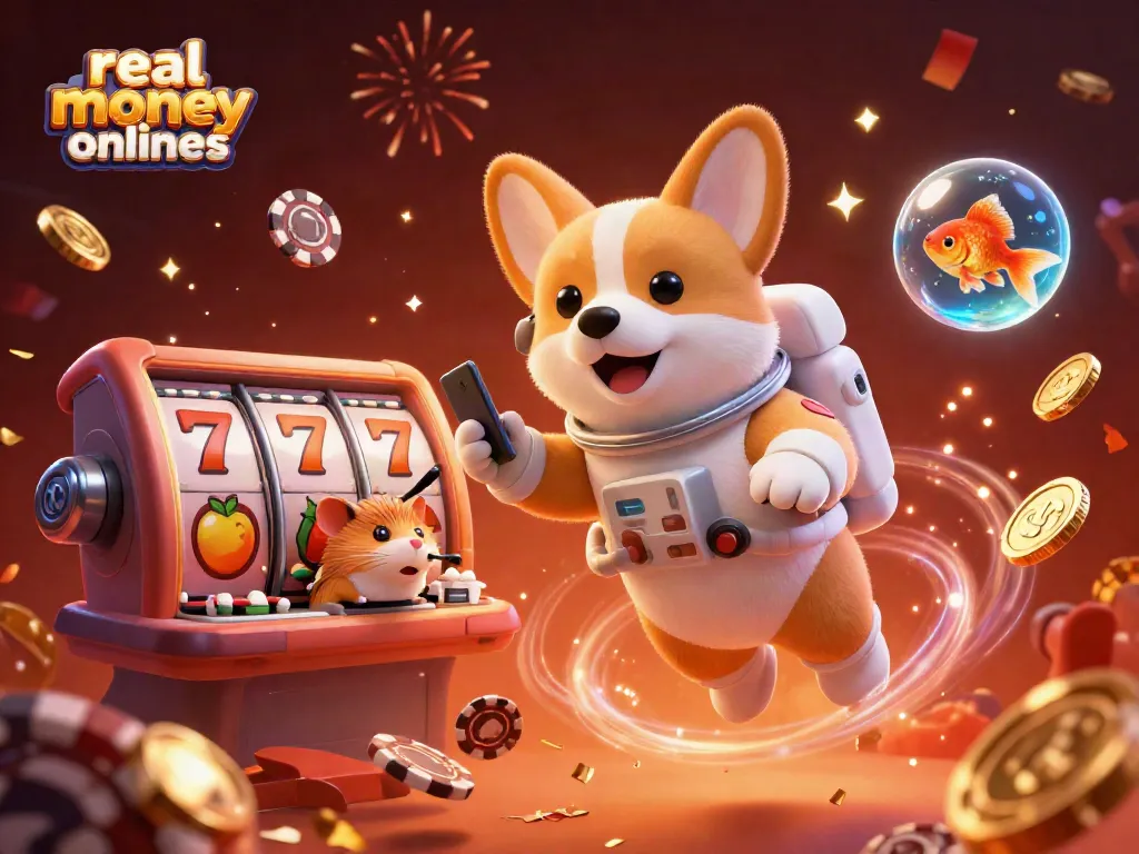 Engage with real money online casinos featuring vibrant, floating characters in a lively casino environment.