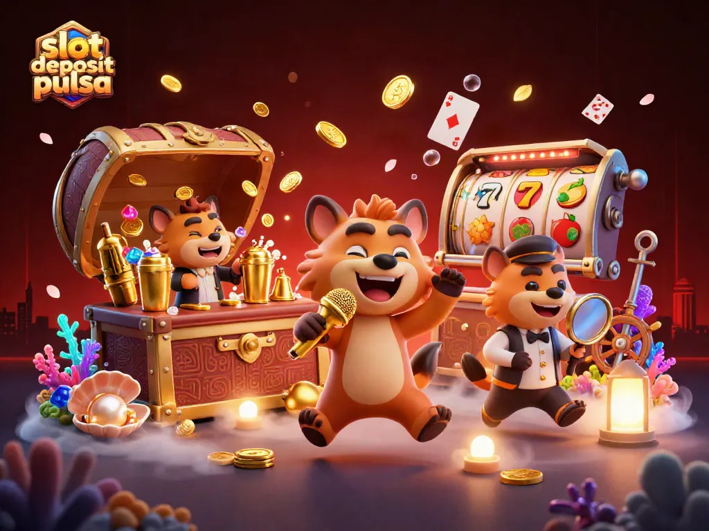 Enjoy thrilling moments with slot deposit pulsa; hyena characters in a vibrant casino scene.