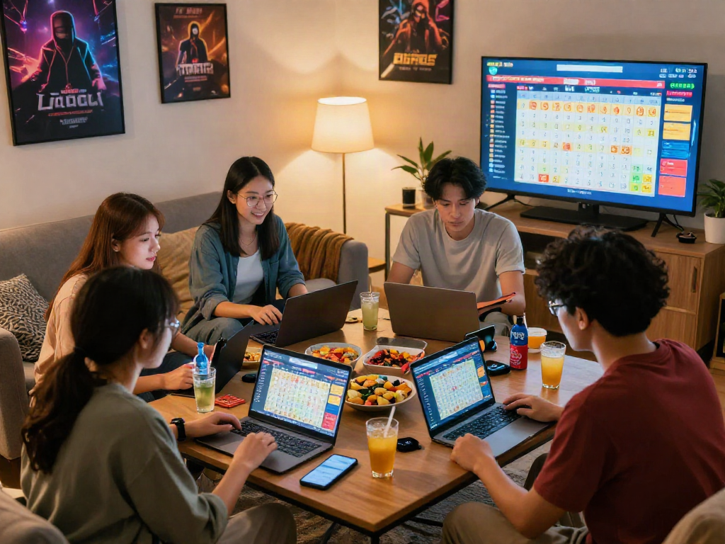 Friends playing bandar togel online in a cozy gaming atmosphere with snacks.