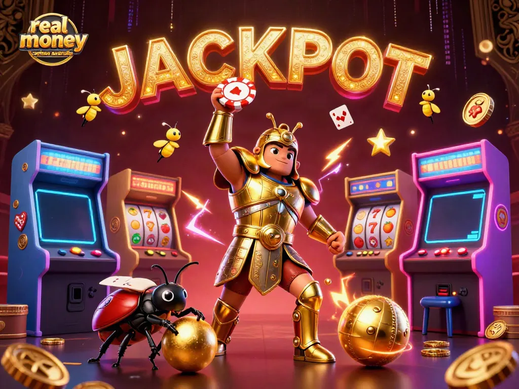 Experience excitement with real money casinos Australia featuring jovial characters and vibrant gaming elements.