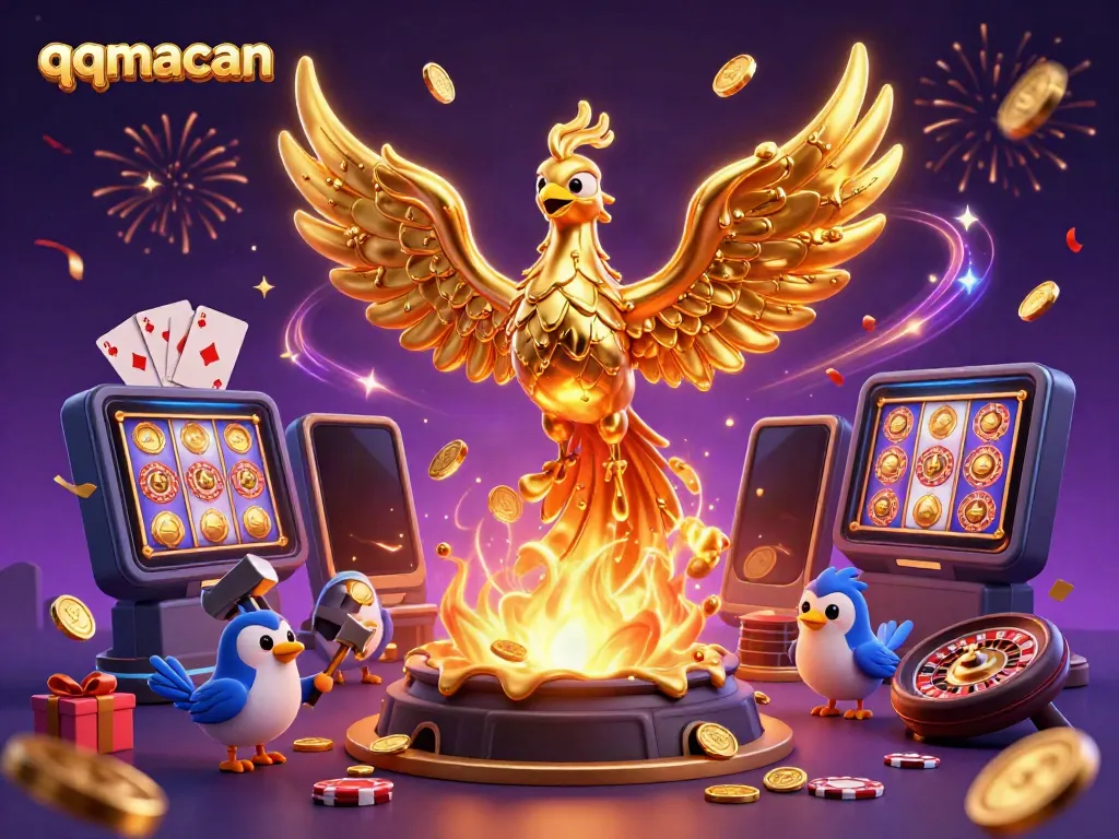 Experience thrilling moments with qqmacan's molten phoenix and dynamic casino elements in a vibrant illustration.