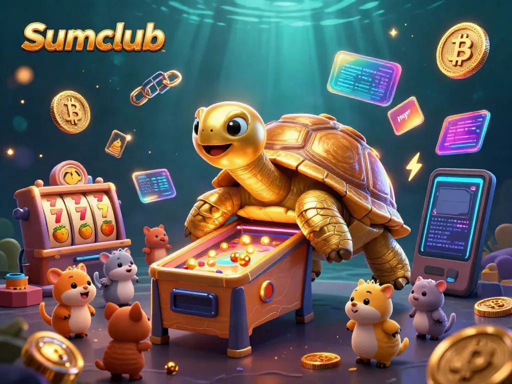 Exciting gameplay at Sumclub featuring a golden tortoise pinball machine surrounded by slot symbols and crypto elements.