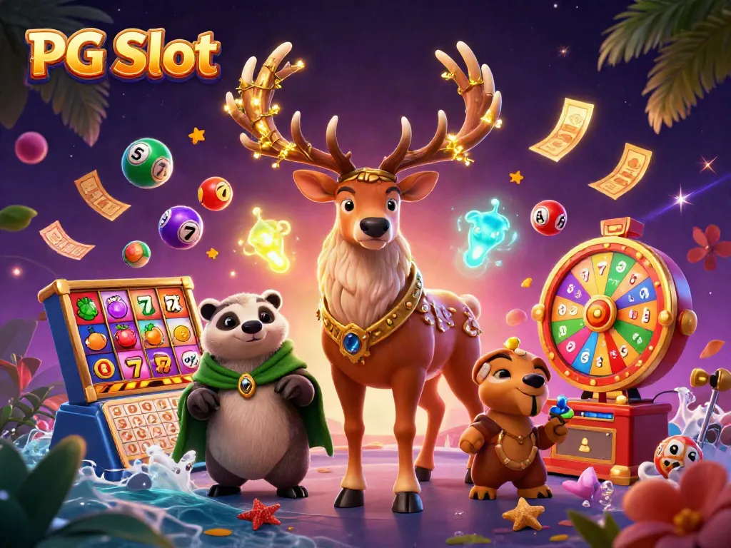 Gambarlah PG Slot dengan simbol-simbol permainan slot yang menonjol dan karakter menarik