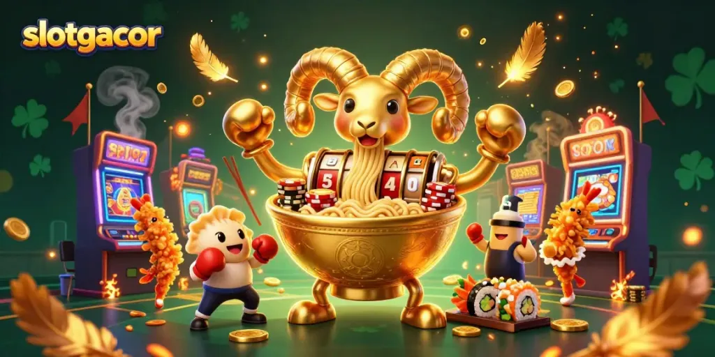 Engaging slotgacor adventure with a giant golden ramen bowl dealer and casino elements.