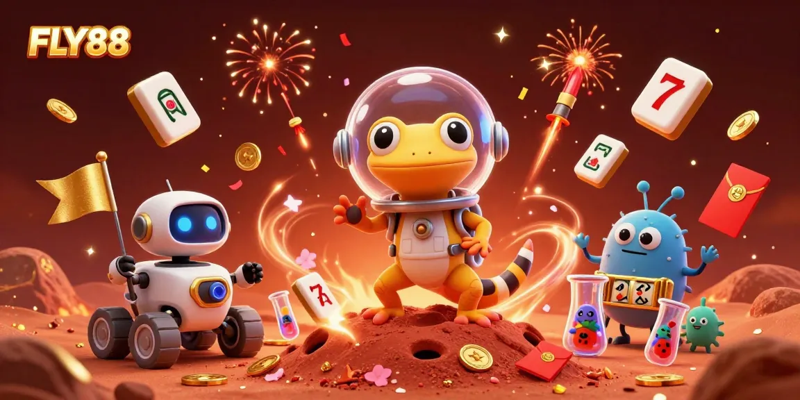 FLY88 players discover a golden casino on Mars in a vibrant 3D digital illustration.