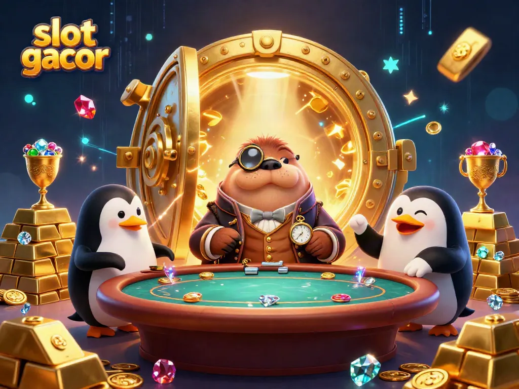 Play exciting slot gacor with a jovial walrus at an underwater poker table amidst treasures.