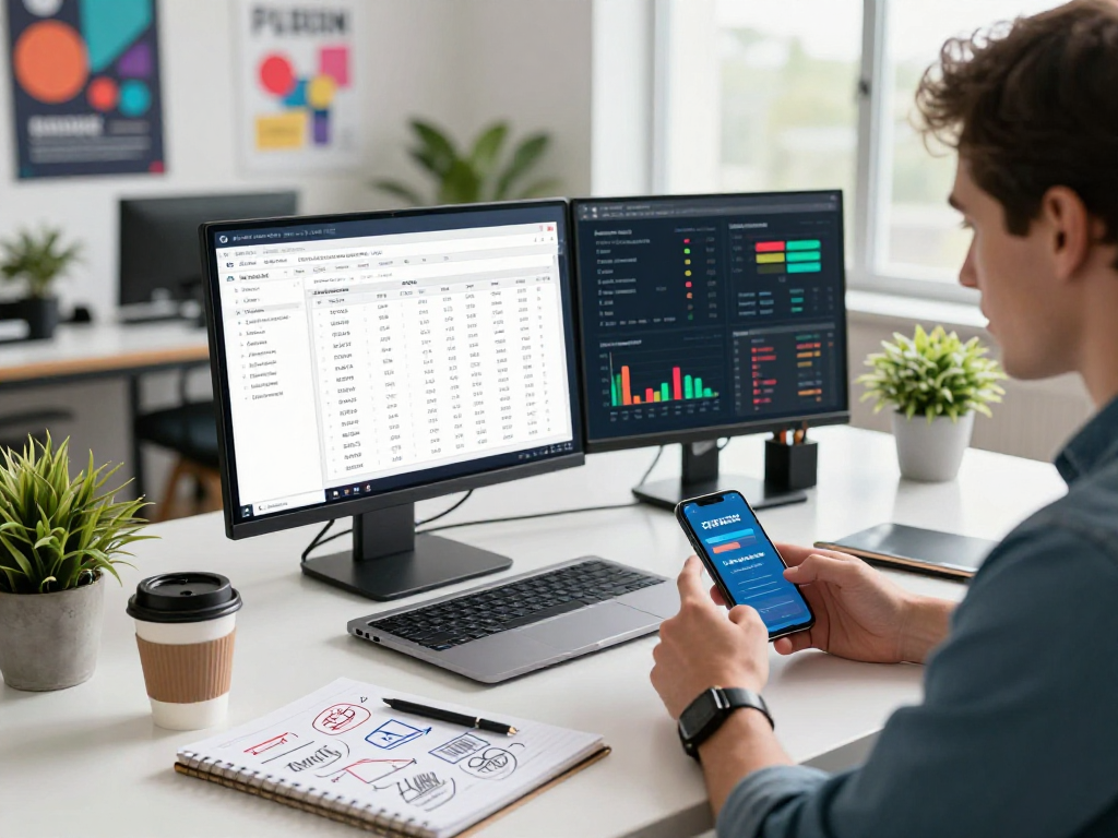 Buy android installs through a modern marketing workspace showcasing app analytics and keyword strategies.