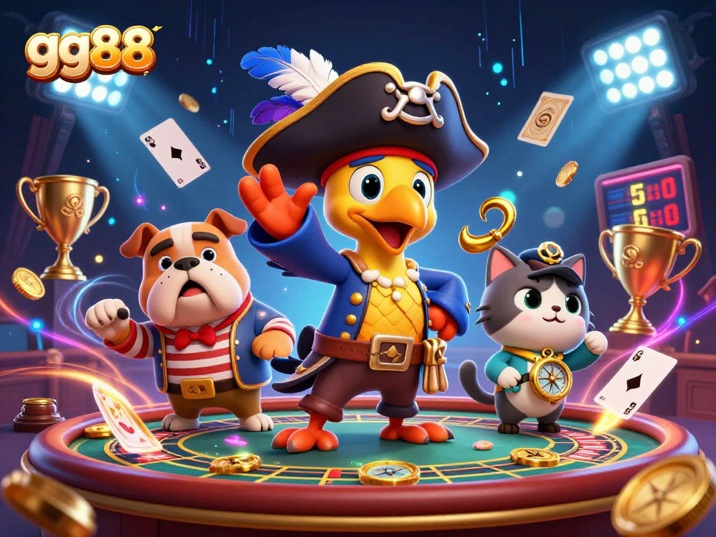 gg88 casino adventure scene featuring a pirate captain parrot and dog navigating poker and casino games.