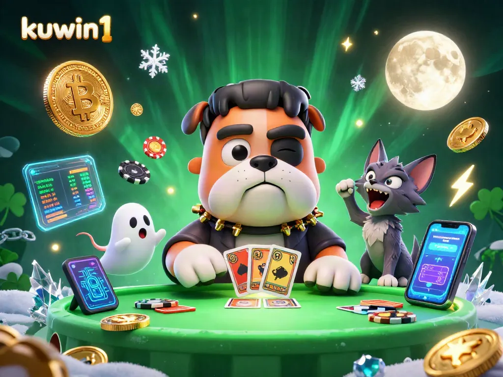 Kuwin1 showcases a vibrant scene of a bulldog dealer amidst colorful casino elements, creating an engaging gaming atmosphere.
