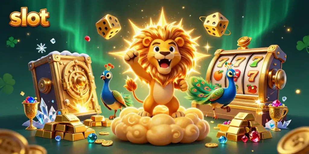Bermain slot dengan karakter utama singa berenergi, dikelilingi harta berkilau dan simbol keberuntungan.