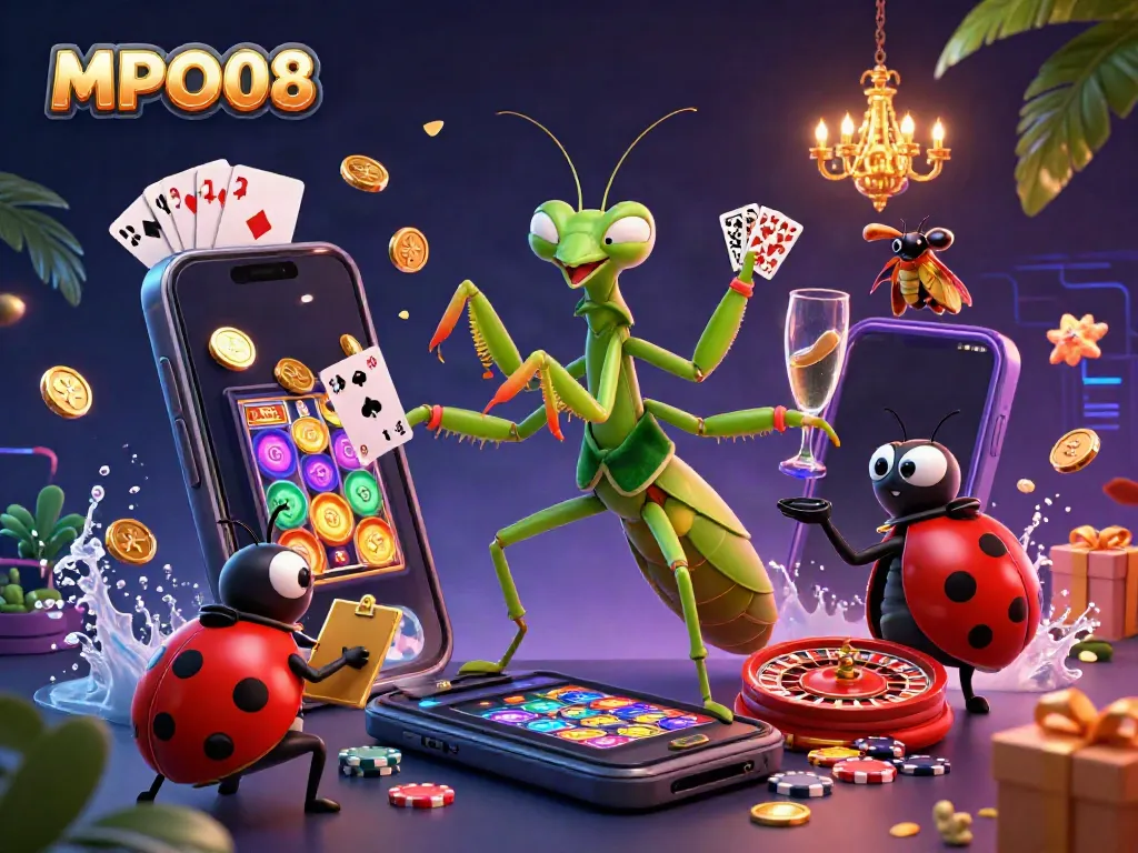 MPO08 showcases a vibrant scene with a giant praying mantis card sharp and ladybug pit boss amidst colorful slot and casino elements, enhancing gambling excitement.