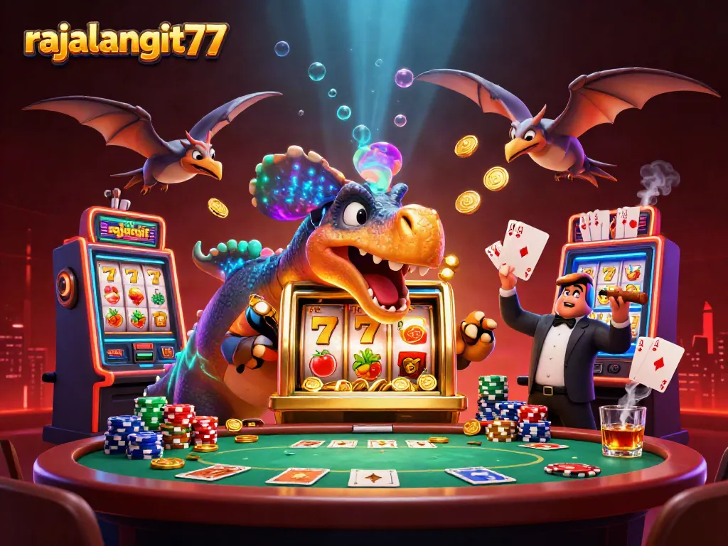 Ilustrasi kasino Pahcycephalosaurus menggetarkan mesin slot emas dengan koin jackpot terbang, rajalangit77 tampil berani.