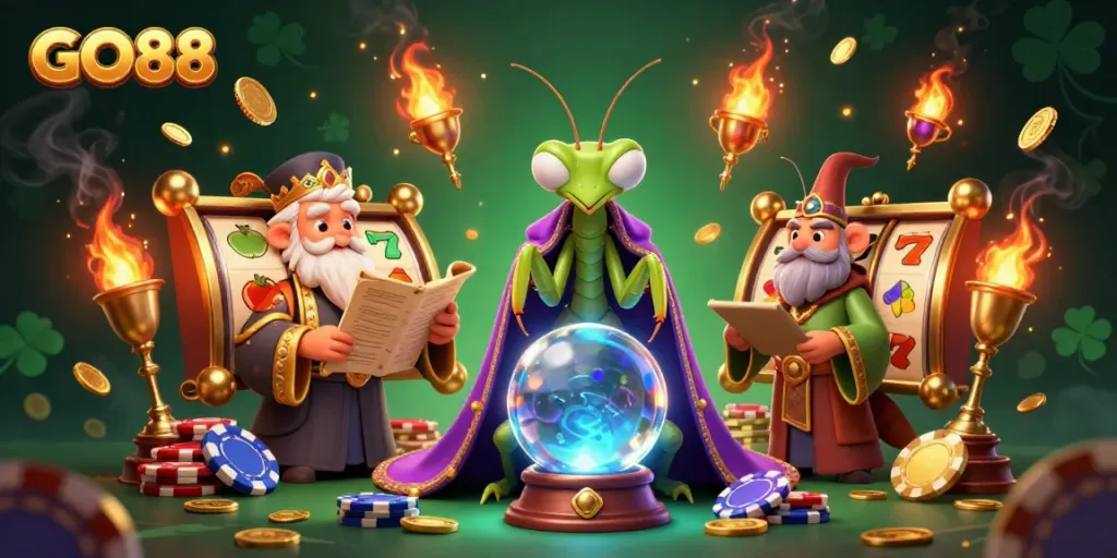 Experience the excitement of GO88 with a vibrant casino scene featuring classic slot games and animated characters.