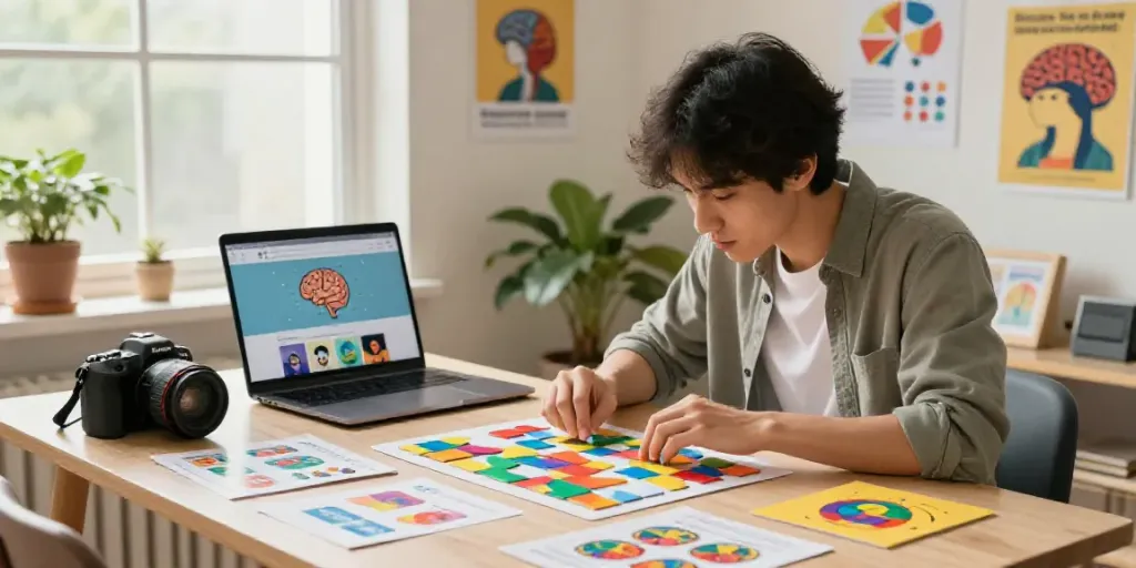 Engaging brain training scene on brainslot.net showcasing a young adult solving a colorful tangram puzzle with vibrant educational materials.