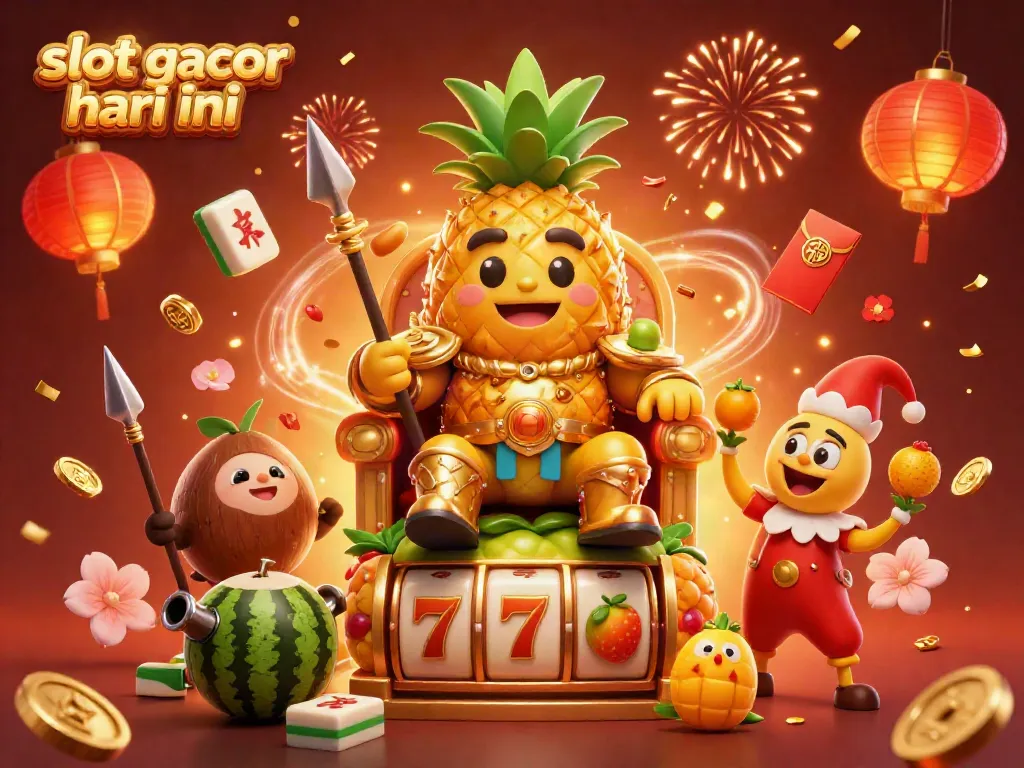 Witness the vibrant scene featuring slot gacor hari ini, where a golden pineapple king rules over a tropical casino with colorful elements.