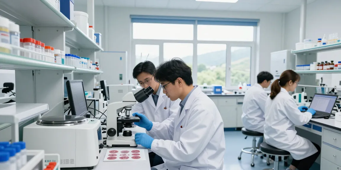 Cancer biobank researchers analyzing tissue samples in a modern health lab.