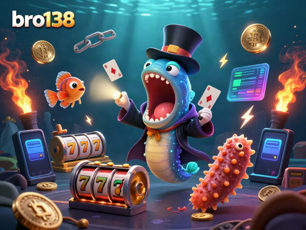 Engage with bro138's vibrant casino scene featuring an eel magician surrounded by thrilling slots and crypto elements.