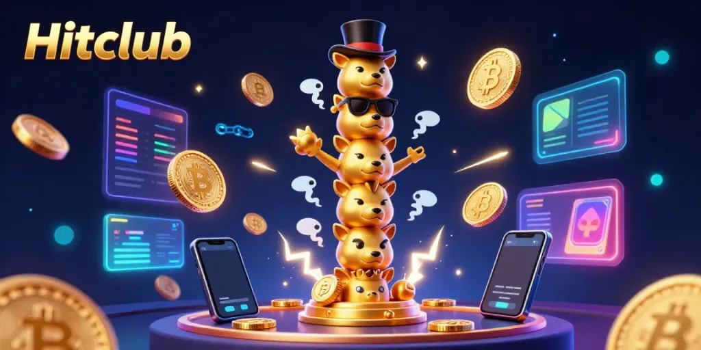 Experience Hitclub's vibrant gaming world with 3D icons of crypto and casino elements in a dynamic digital art.