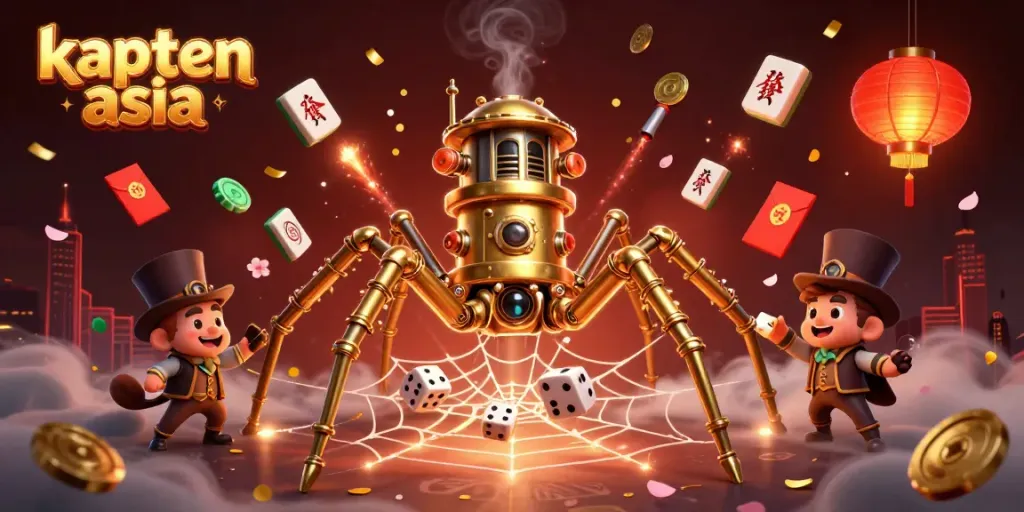 kapten asia menghadirkan ilustrasi kasino 3D dengan laba-laba steampunk dan elemen permainan menarik.