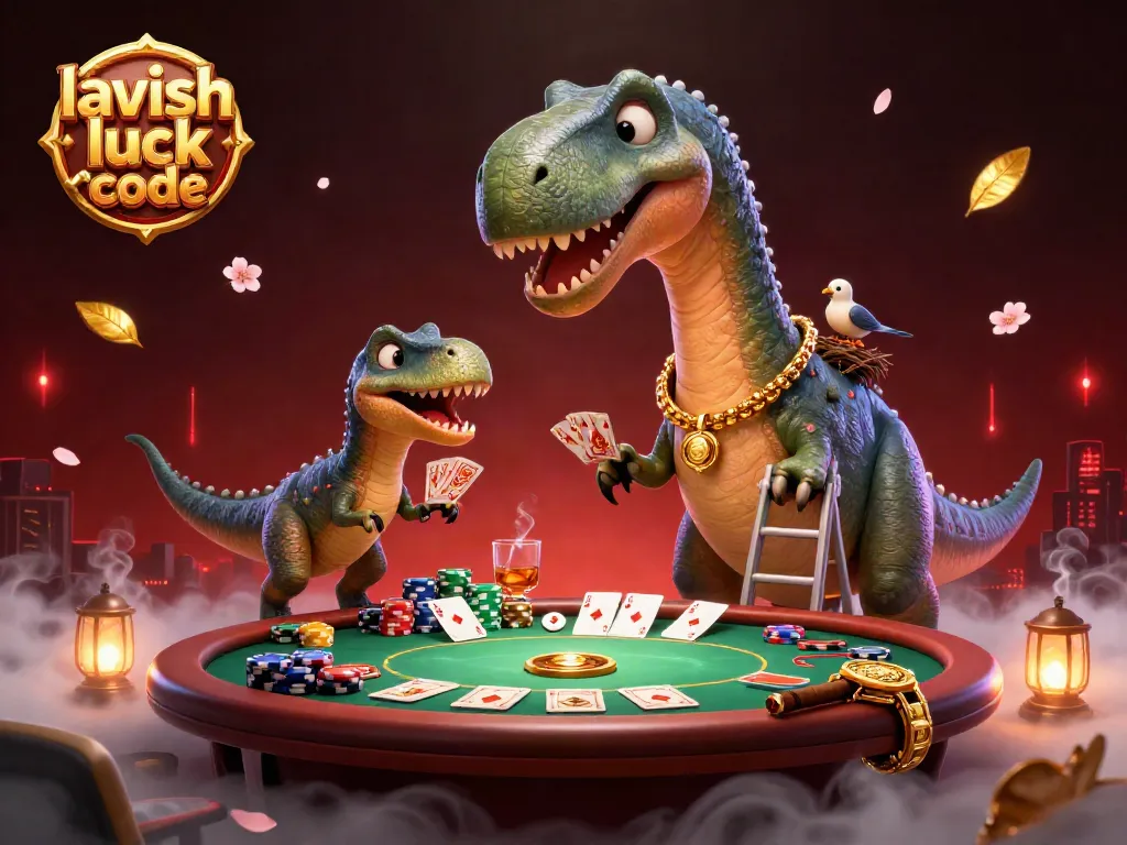 Engage with lavish luck reward code in a vibrant casino scene featuring a brontosaurus and raptor at a poker table.
