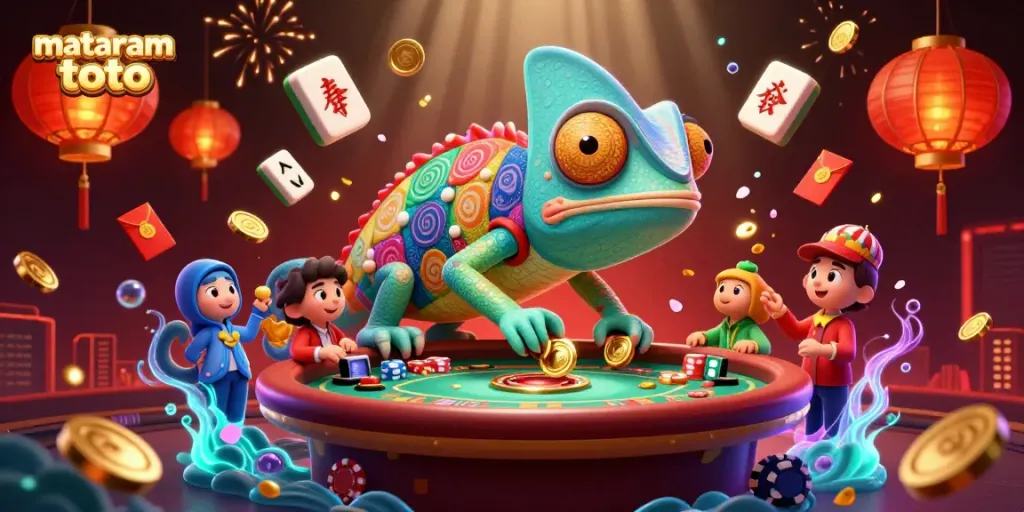 Engage with the vibrant, dynamic mataram toto casino scene featuring a colorful chameleon owner amidst festive elements.