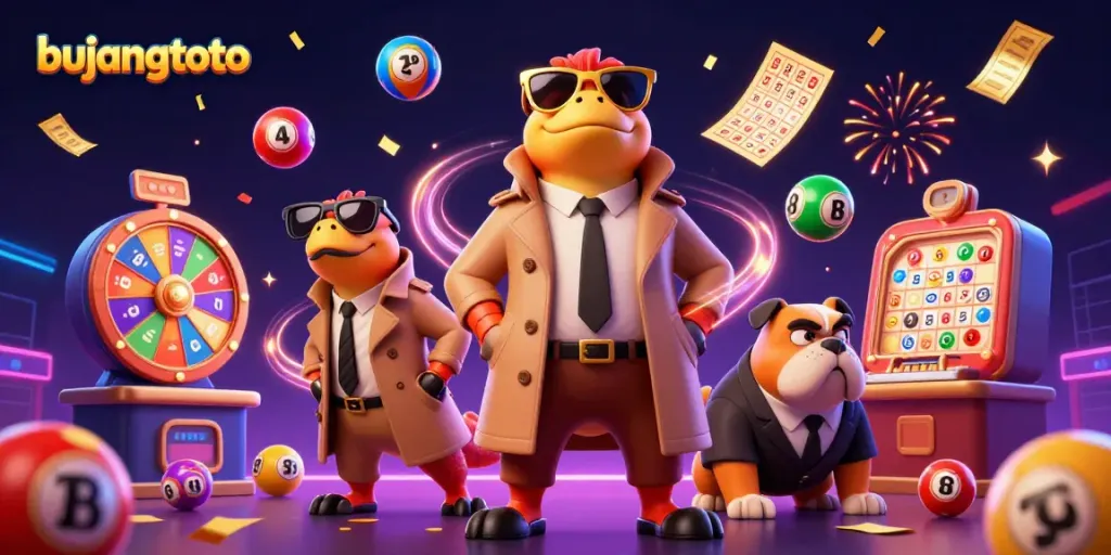 Experience the fun of bujangtoto with raptors in a trench coat at a casino, surrounded by game elements.