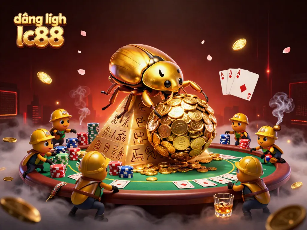 Experience exciting gaming with đăng nhập lc88 featuring golden beetles and poker elements in a vibrant casino setting.