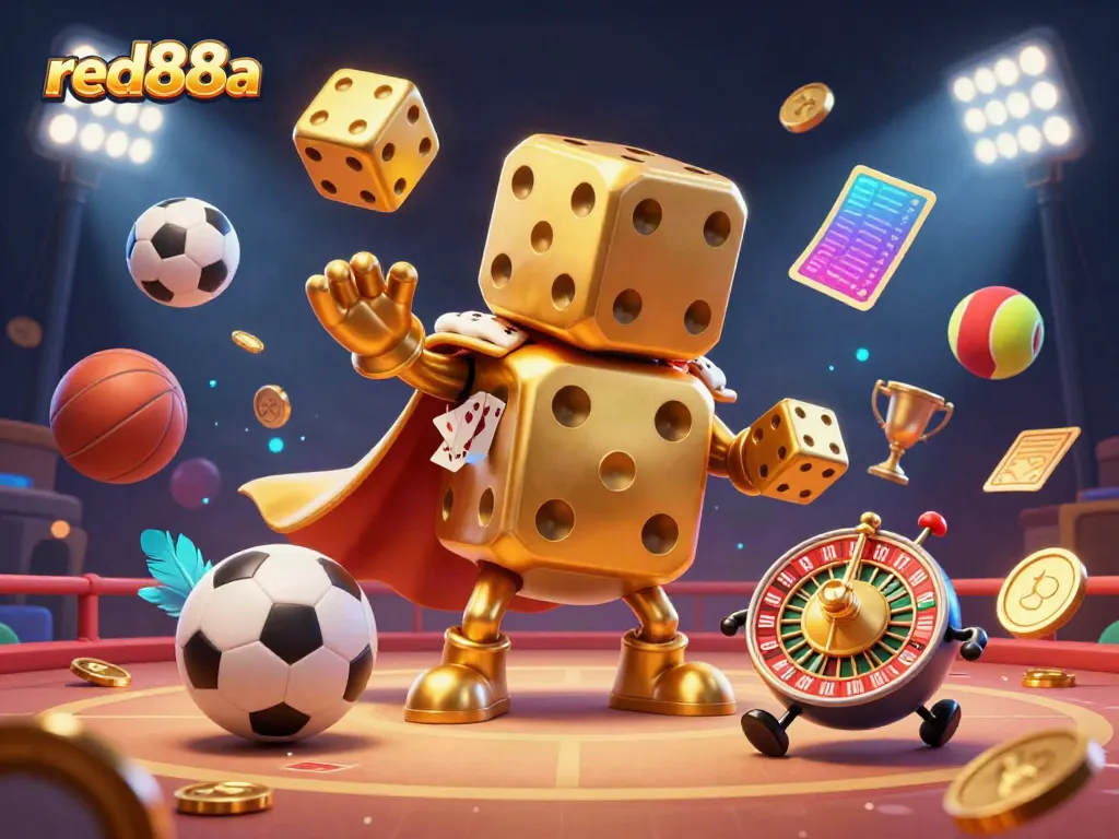 Experience thrills with red88a's dynamic 3D illustration showcasing a golden dice golem, sports elements, and cockfighting features.