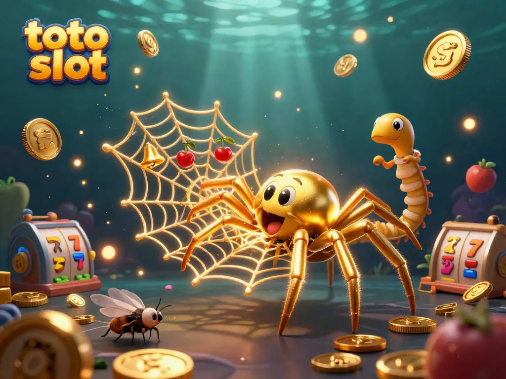Experience thrilling action with toto slot in this vibrant 3D casino scene featuring a golden spider and spinning jackpot web.