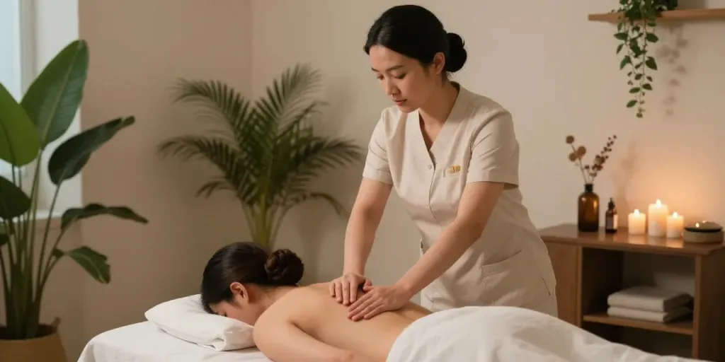수원토닥이가 제공하는 여성전용 마사지 공간에서 아로마 오일과 함께 편안한 마사지 받고 있는 모습