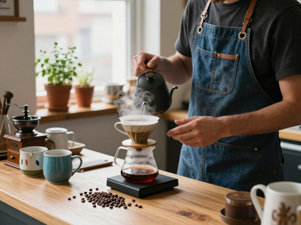 Discover how www.ebbfilter.com enriches your coffee experience with stylish pour-over aprons made from upcycled denim in a cozy kitchen.