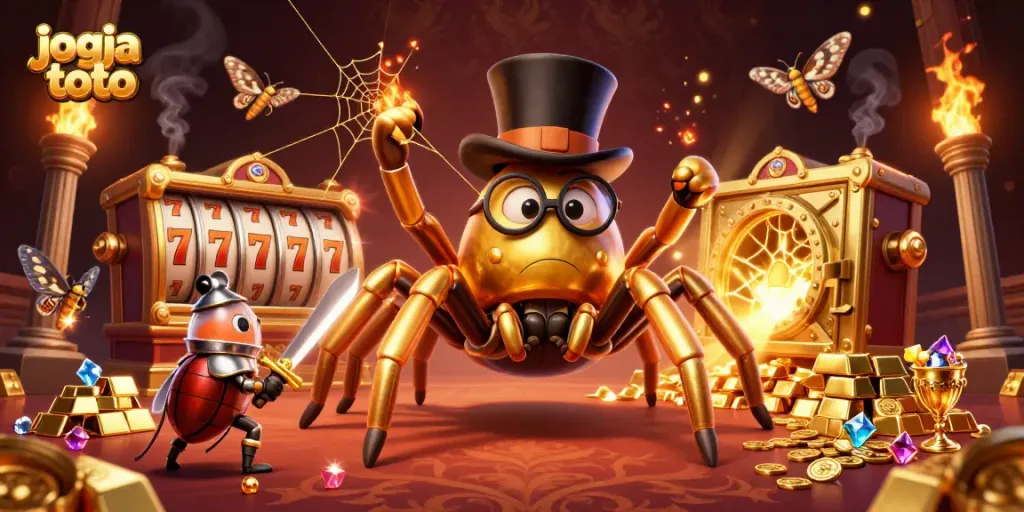 Experience the thrill of jogja toto slots with a dazzling scene featuring gold, gems, and vibrant characters.
